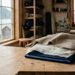 forstoff mellomstoff innleggstoff Tre ulike tekstillag – ytterstoff, innleggstoff og fôrstoff – lagt lagvis på en arbeidsbenk i tre for å vise oppbyggingen av et syprosjekt.