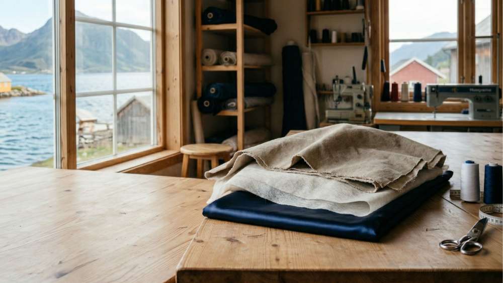 Tre ulike tekstillag – ytterstoff, innleggstoff og fôrstoff – lagt lagvis på en arbeidsbenk i tre for å vise oppbyggingen av et syprosjekt.